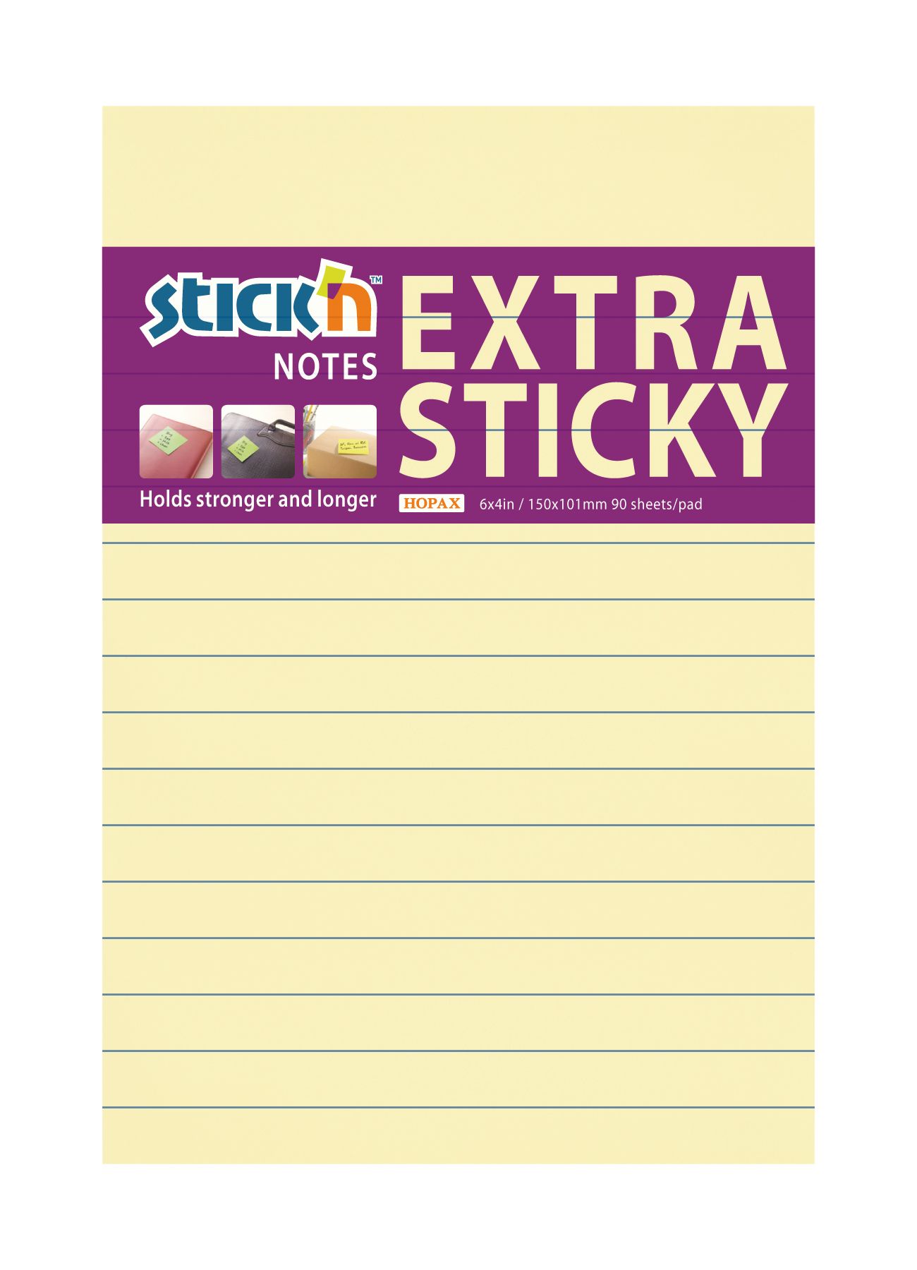 Samolepicí blok Stick'n Extra Sticky 150 × 101 mm, 90 lístků, žlutý, linkovaný