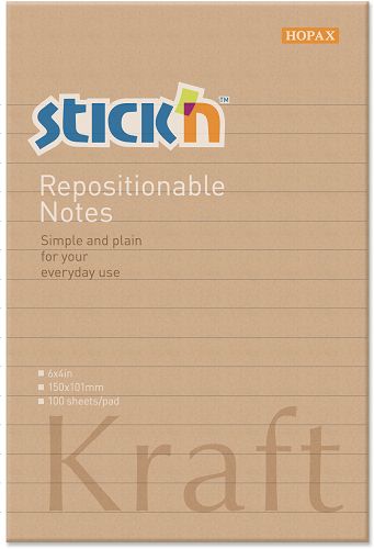 Samolepicí blok Stick'n Kraft 150 × 101 mm, 100 lístků, hnědý, linkovaný