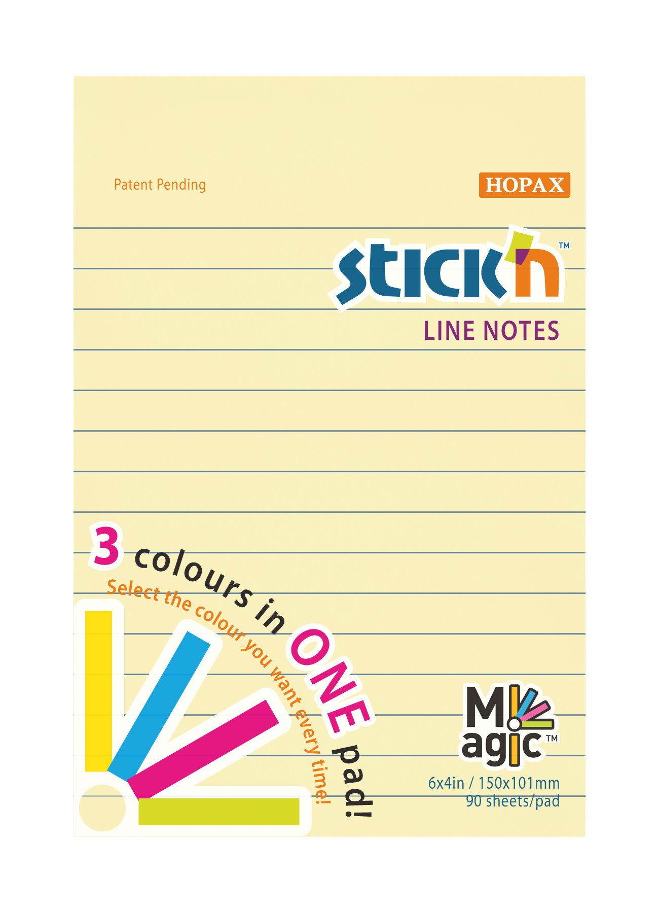 Samolepicí blok Stick'n Magic 150 × 101 mm, 90 lístků, pastelové barvy, linkovaný