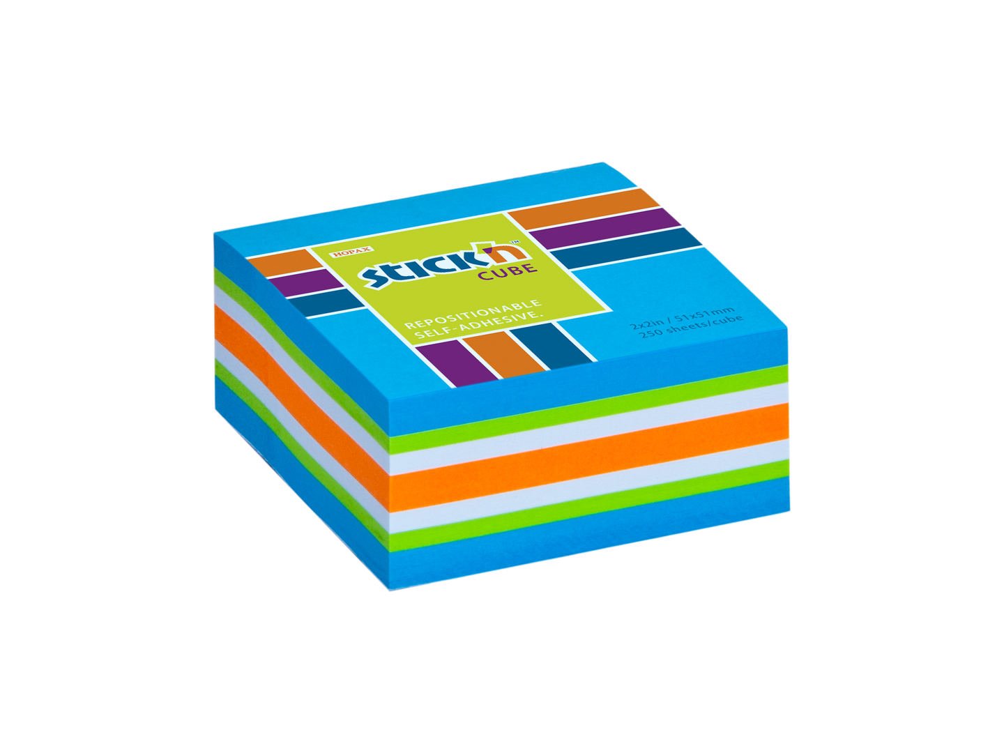 Samolepicí kostka Stick'n 51 × 51 mm, 250 lístků, mix neonových barev modrá