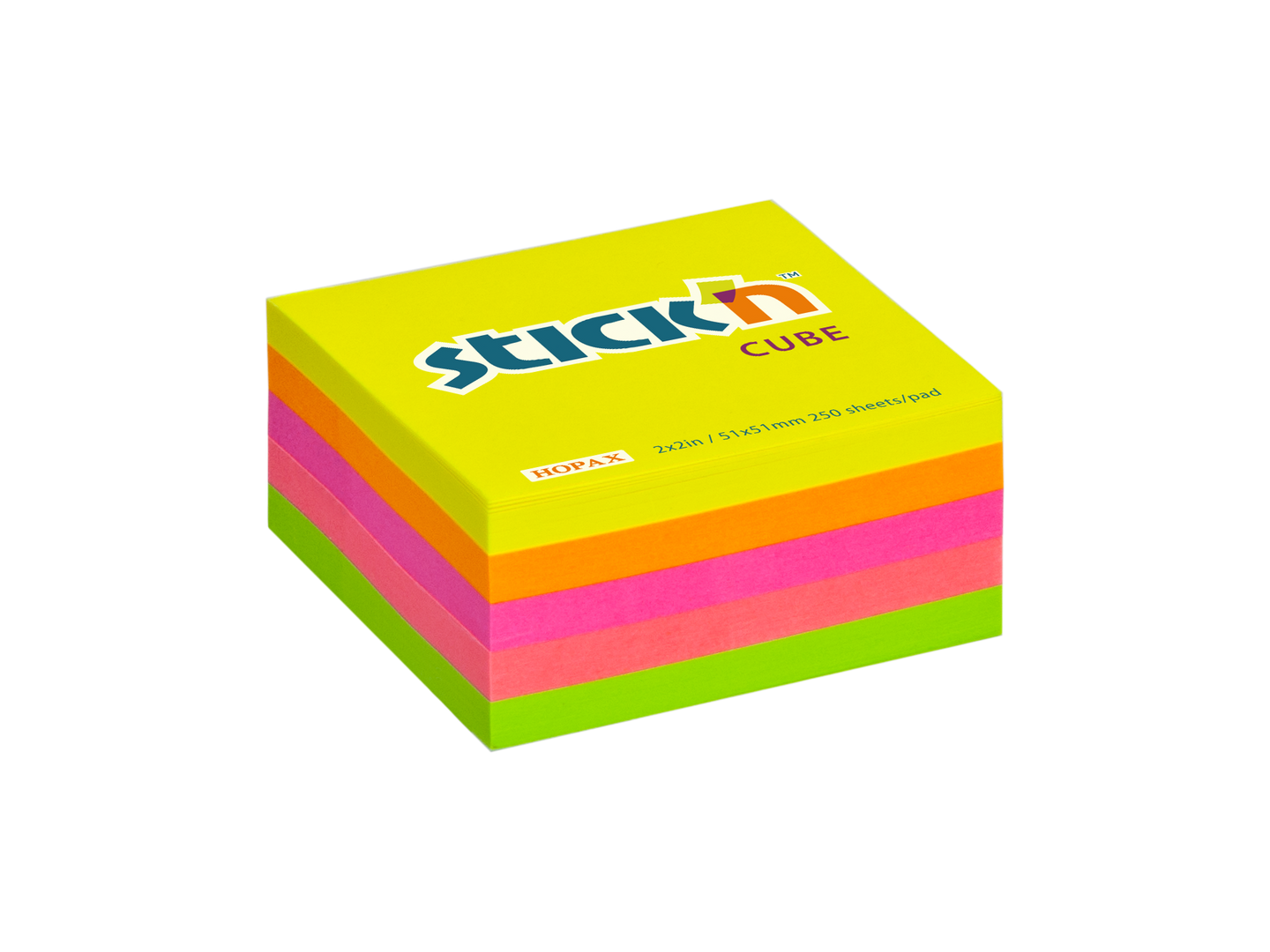 Samolepicí kostka Stick'n 51 × 51 mm, 250 lístků, mix neonových barev žlutá