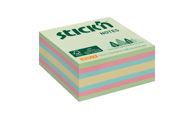 Stick’n by Hopax Samolepicí bloček v kostce Stick'n by Hopax FSC COC - 76 x 76 mm, lesní mix, 400 lístků
