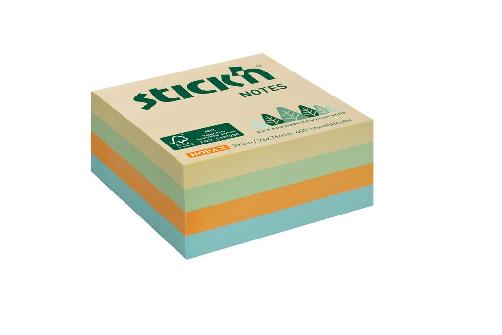 Samolepicí kostka Stick'n 76 × 76 mm, 400 lístků, luční mix pastelových barev