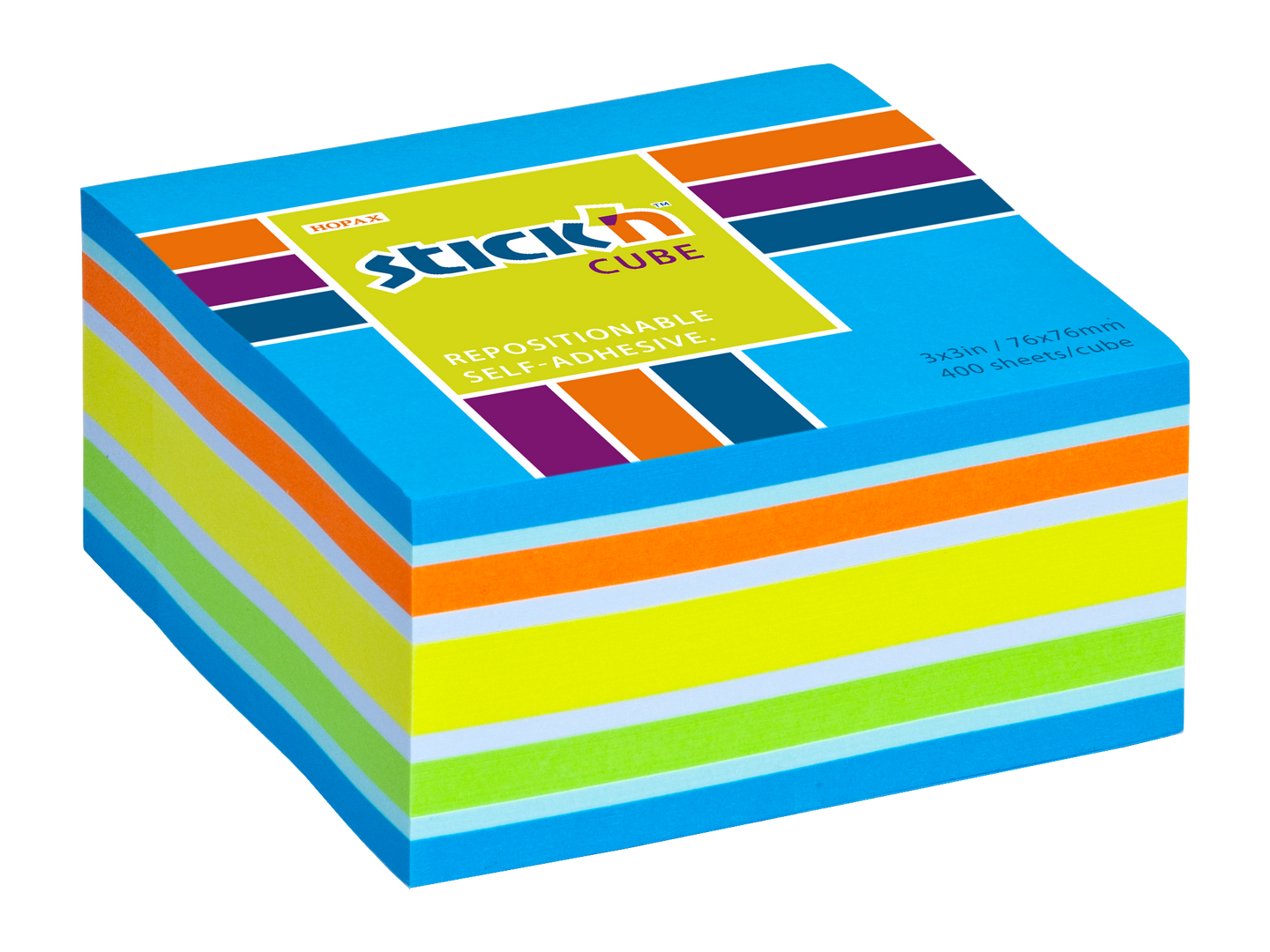 Samolepicí kostka Stick'n 76 × 76 mm, 400 lístků, mix neonových barev modrá