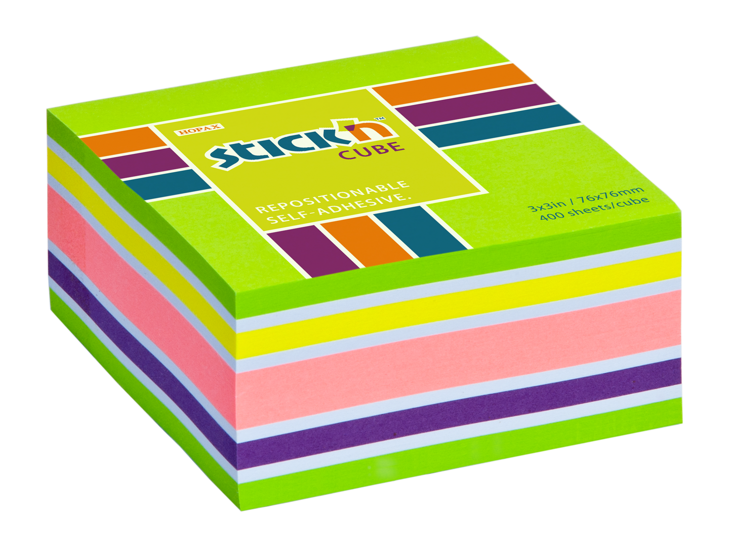 Samolepicí kostka Stick'n 76 × 76 mm, 400 lístků, mix neonových barev zelená