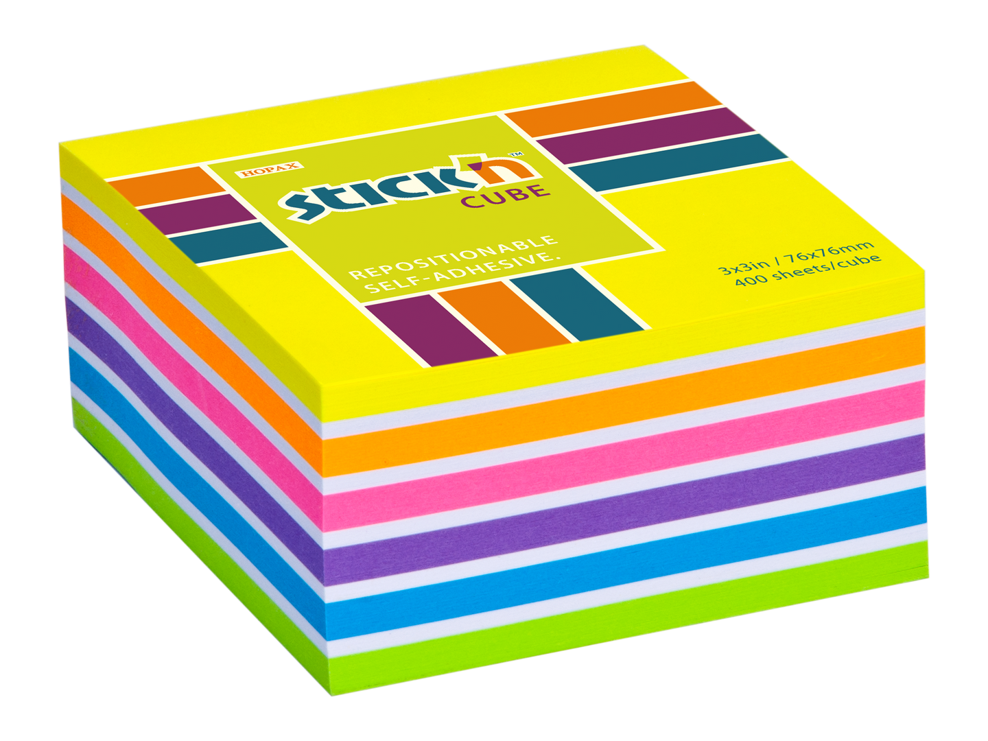 Samolepicí kostka Stick'n 76 × 76 mm, 400 lístků, mix neonových barev žlutá