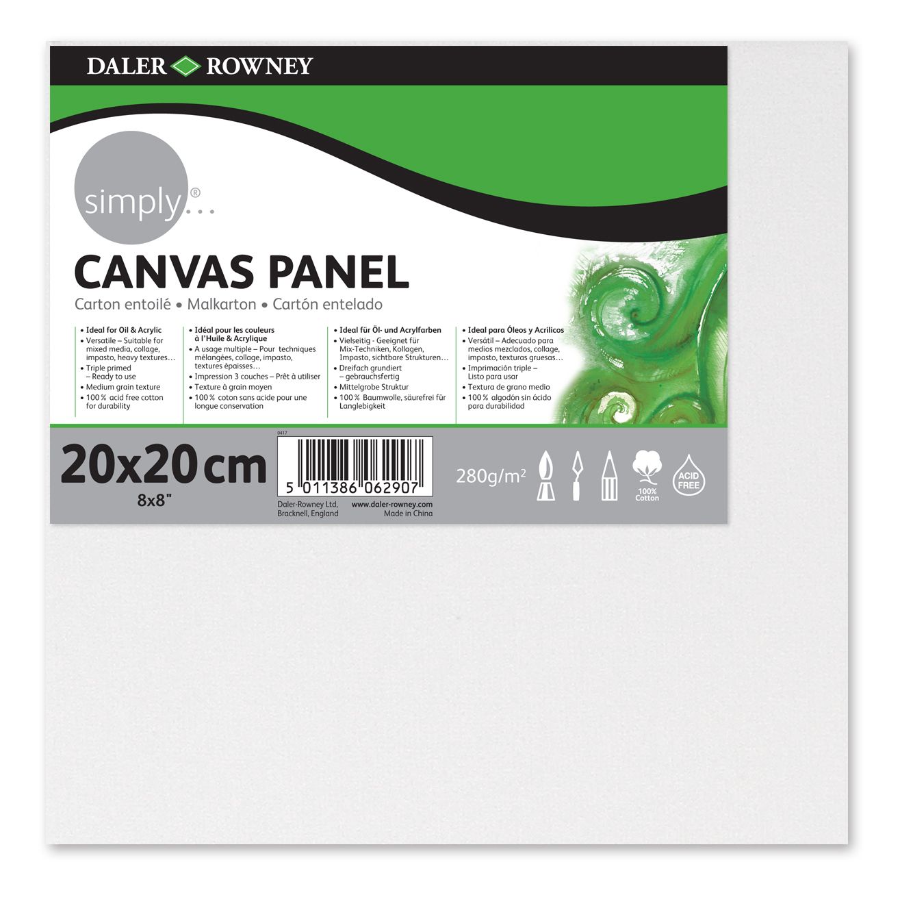 Šepsované plátno na lepence Daler-Rowney SIMPLY - 20 × 20 cm