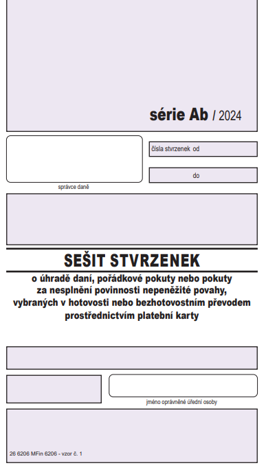 Sešit stvrzenek o úhradě daní, pořádkové pokuty nebo pokuty za nesplnění povinnosti nepeněžité...