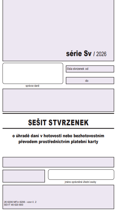 Obrázek produktu: Sešit stvrzenek o úhradě daní v hotovosti nebo bezhotovostním převodem prostřednictvím plat. karty