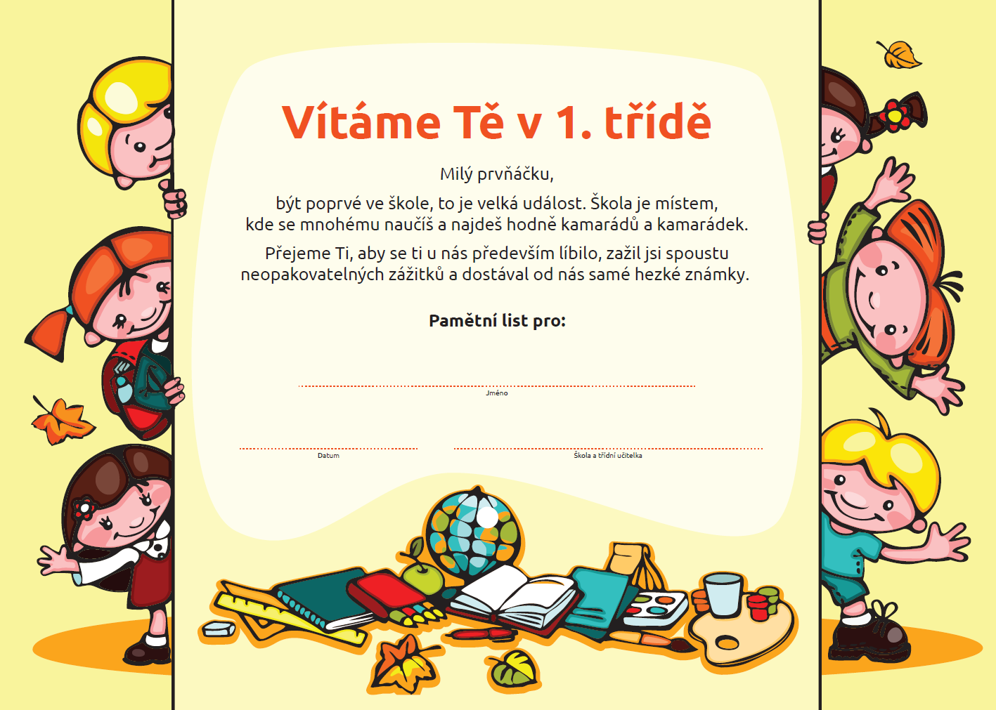 SEVT Vítáme Tě v 1. třídě (pamětní list)