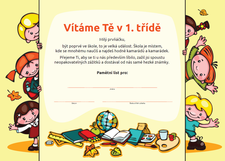 SEVT Vítáme Tě v 1. třídě (pamětní list)