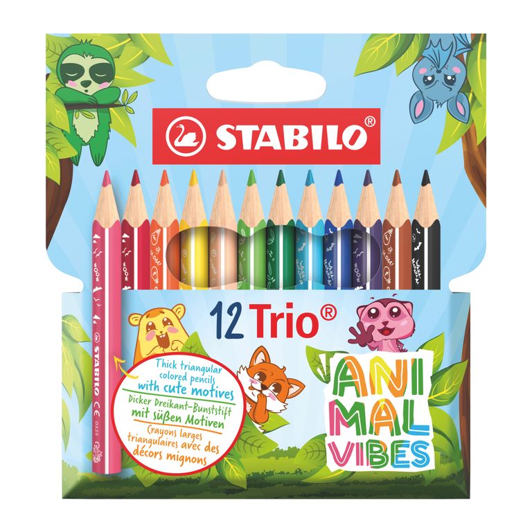 Silné trojhranné pastelky STABILO Trio thick short Animal Vibes - 12 barev
