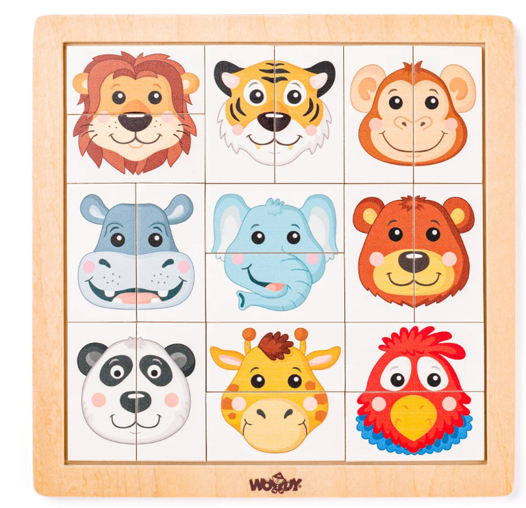 Woody zvířecí hlavičky exotické baby skládačka na desce 18 dílků