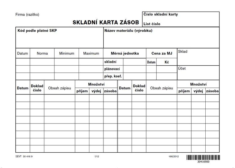 Skladní karta zásob typ A