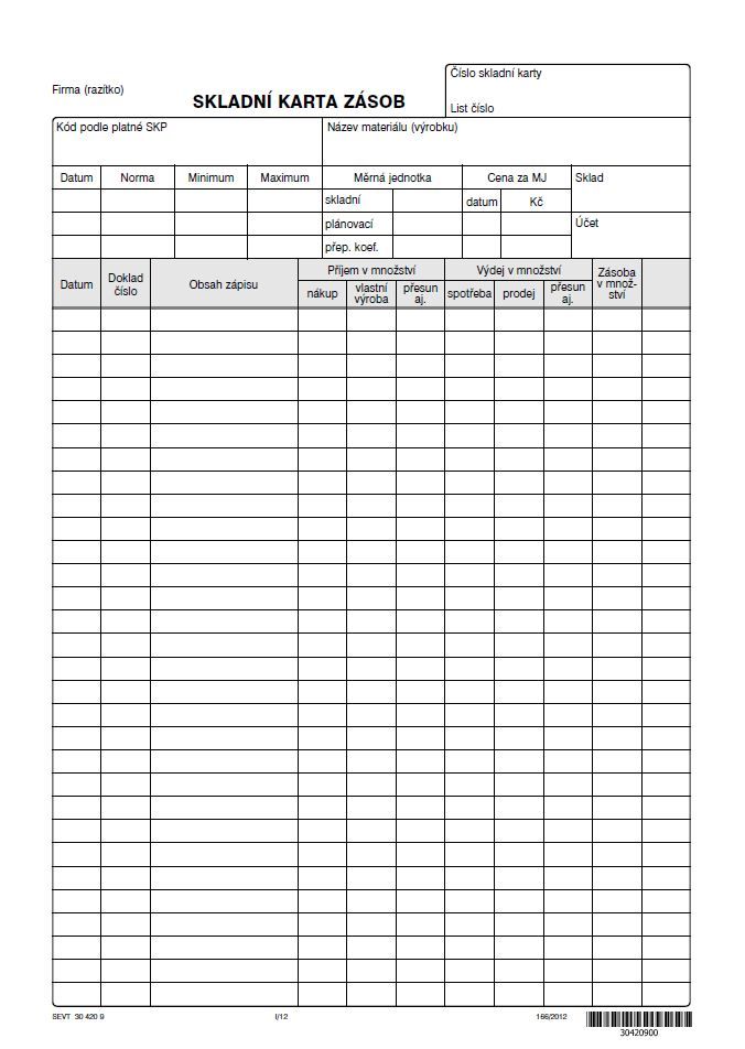 Skladní karta zásob typ B