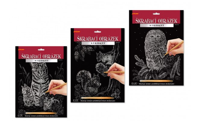 Škrabací obrázek stříbrný A4, mix 3 druhů
