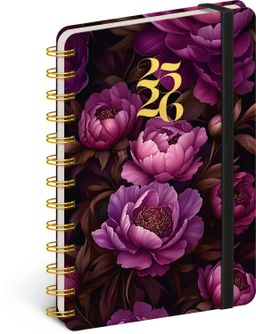Obrázek produktu: Spirálový 18měsíční diář Petito – Fialové květy 2025/2026, 13 × 18 cm
