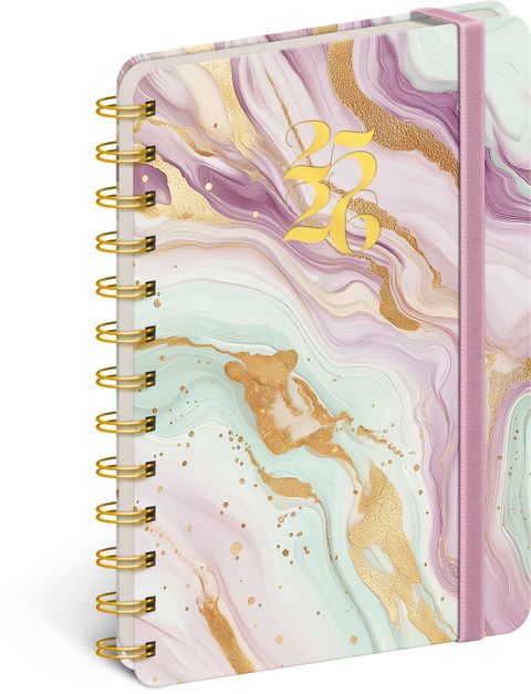 Obrázek produktu: Spirálový 18měsíční diář Petito – Růžový mramor 2025/2026, 13 × 18 cm