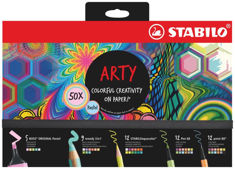 Kreativní sada STABILO "ARTY" Pastel - sada 50 ks - linery, fixy, zvýrazňovače a pastelky