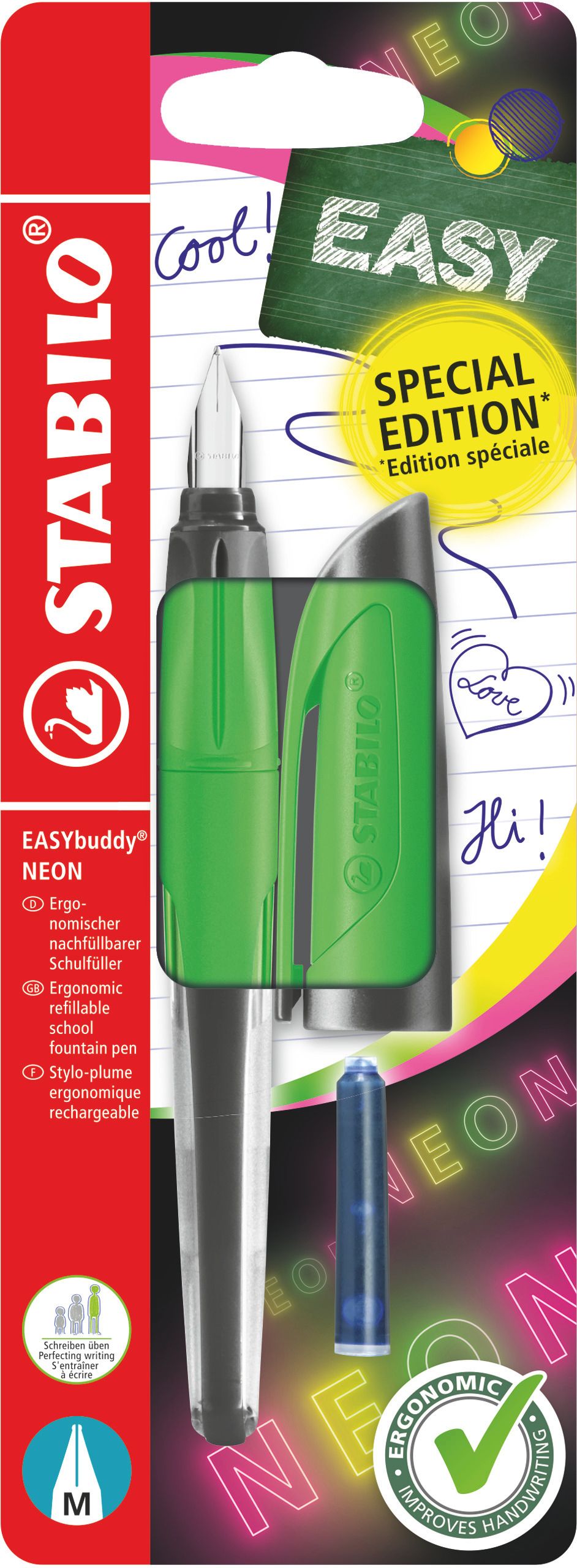 STABILO EASYbuddy Ergonomické školní plnicí pero - neon zelená, blistr