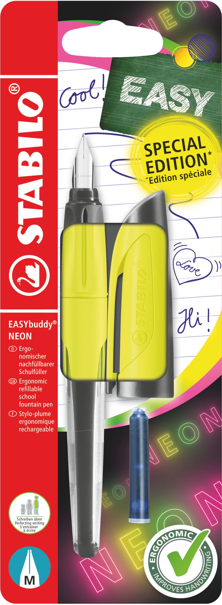 STABILO EASYbuddy Ergonomické školní plnicí pero - neon žlutá, blistr
