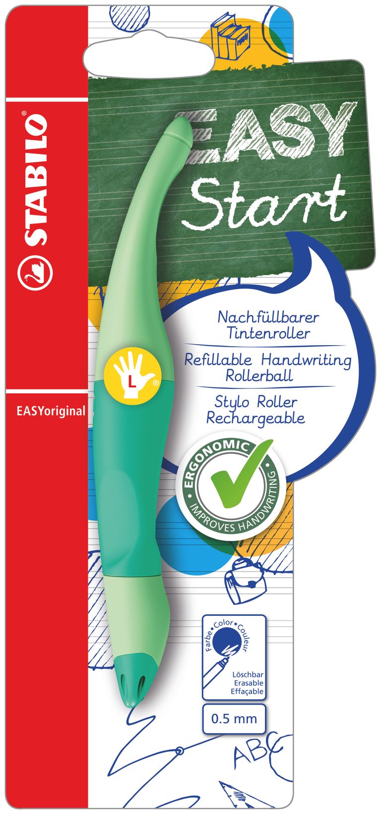 Ergonomický roller pro leváky STABILO EASYoriginal Pastel zelená vč. bombičky s modrým zmizíkovatelným inkoustem