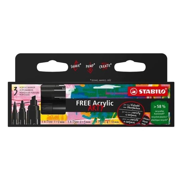 Akrylový popisovač STABILO FREE Acrylic - různé hroty, sada 3 barev, černá