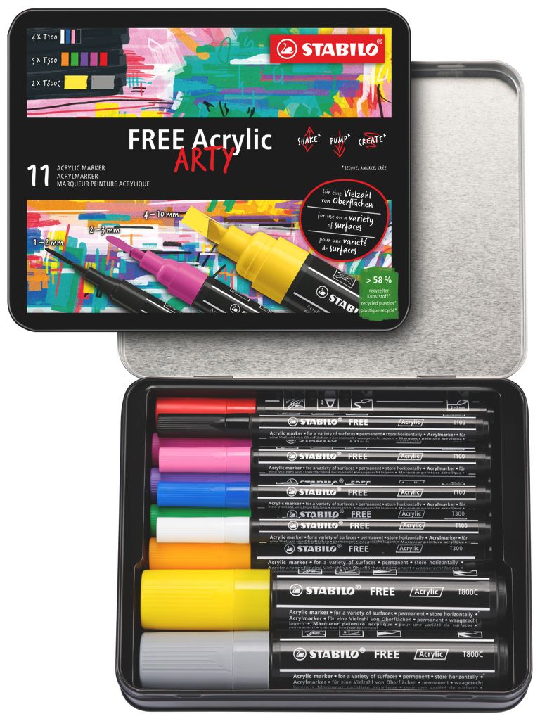 Akrylový popisovač STABILO FREE Acrylic - startovací sada 11 ks se 3 různými hroty - mix barev