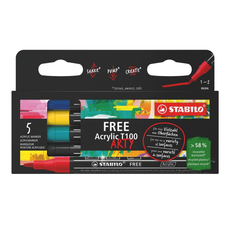 STABILO FREE Akrylový popisovač - T100 Kulatý hrot 1-2 mm - Royal - sada 5 ks