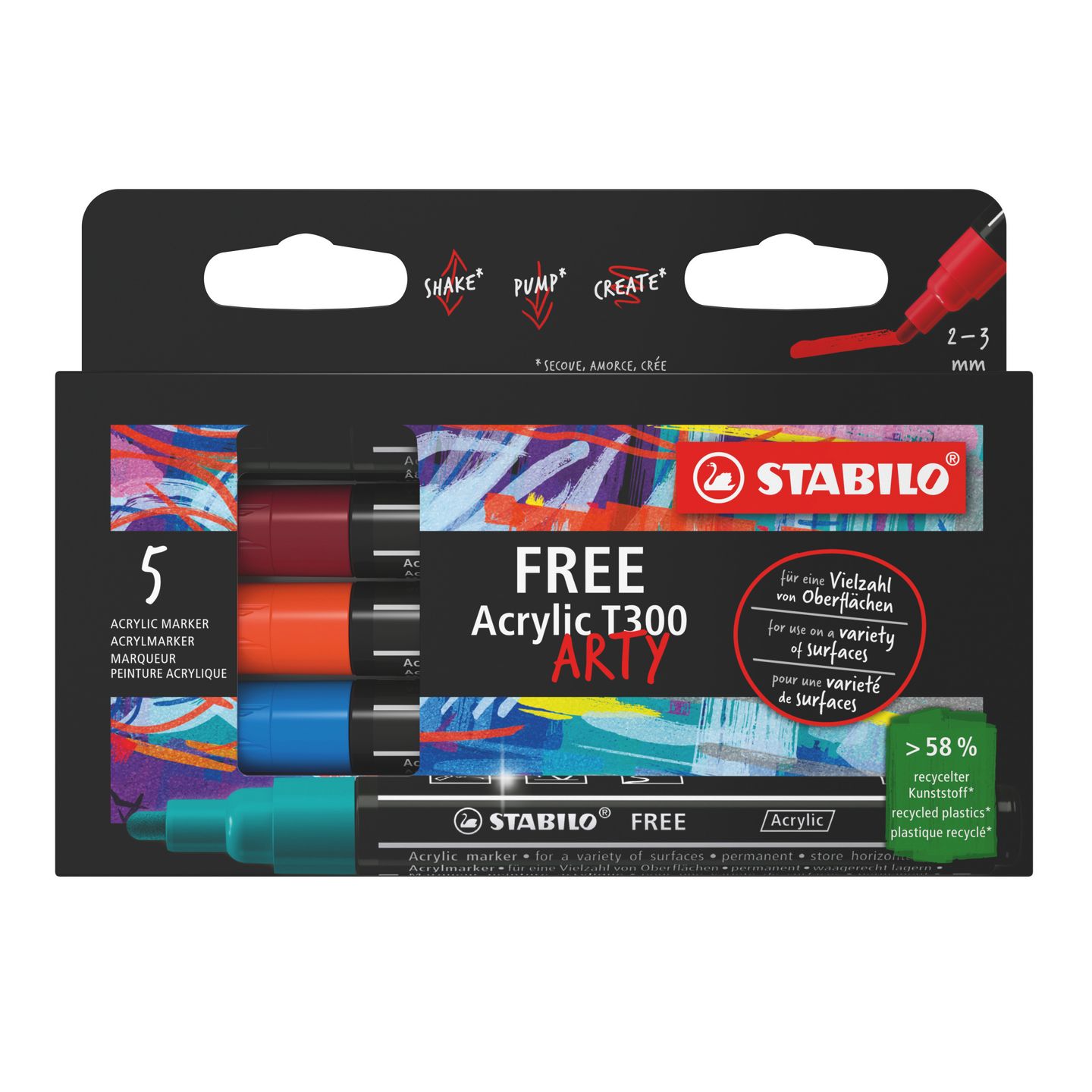 STABILO FREE Akrylový popisovač - T300 Kulatý hrot 2-3 mm - Urban - sada 5 ks