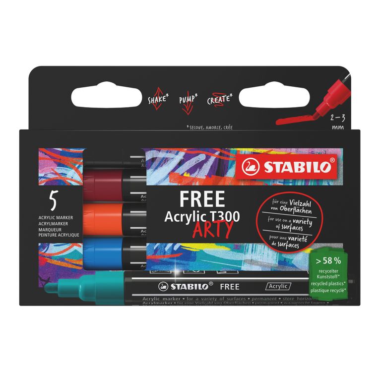 Akrylový popisovač STABILO FREE Acrylic - kulatý hrot 2-3 mm - sada Urban 5 ks
