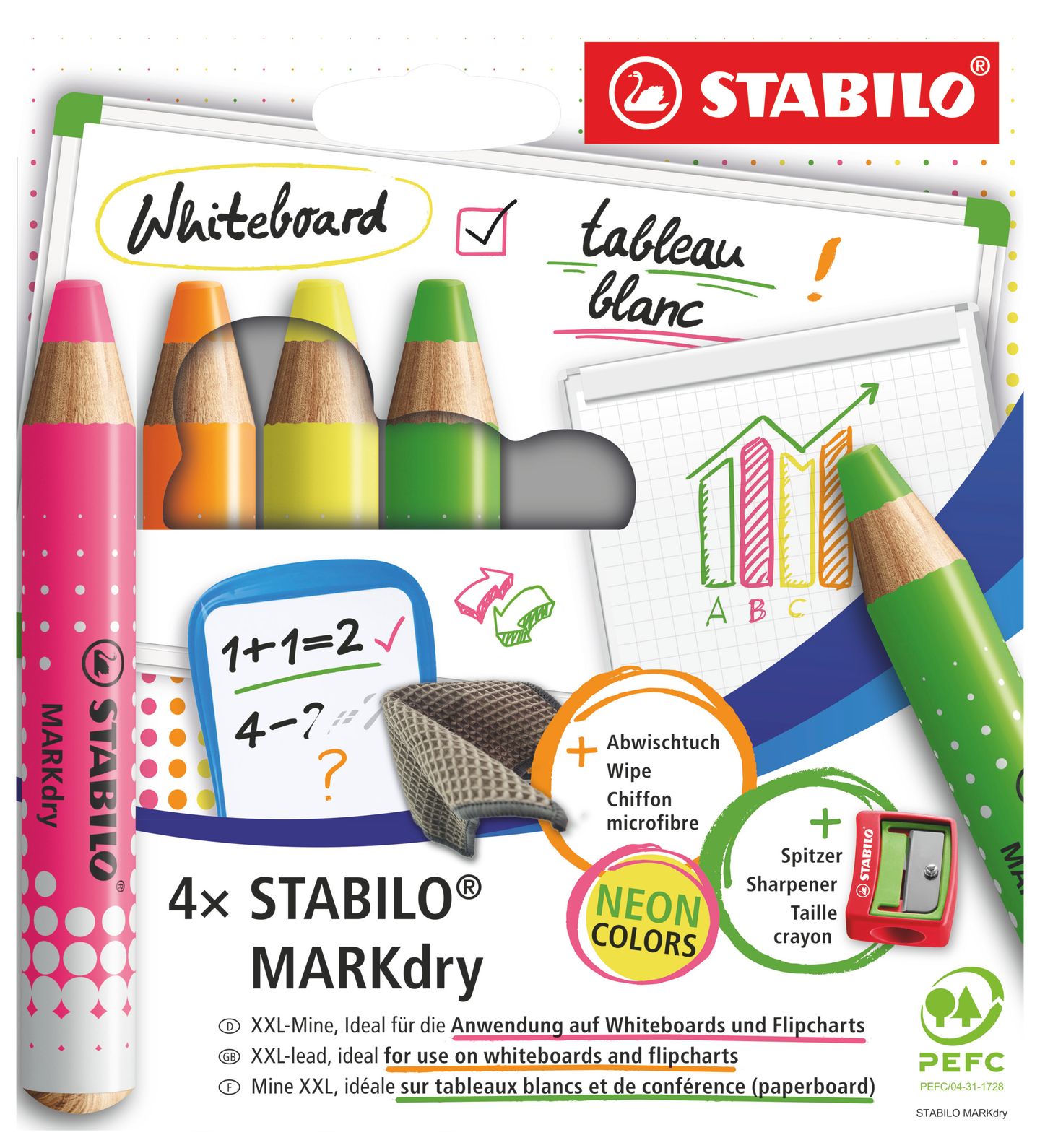 STABILO MARKdry Suchý popisovač na bíle tabule - 4 neon barvy + ořezávátko + utěrka