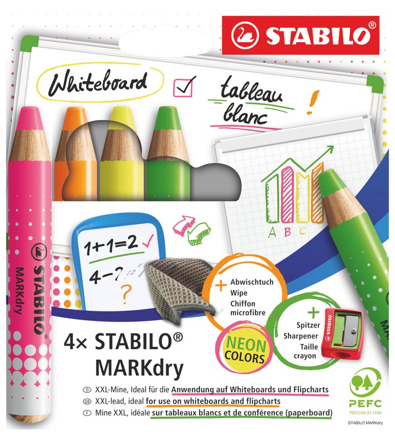 STABILO MARKdry Suchý popisovač na bíle tabule - 4 neon barvy + ořezávátko + utěrka