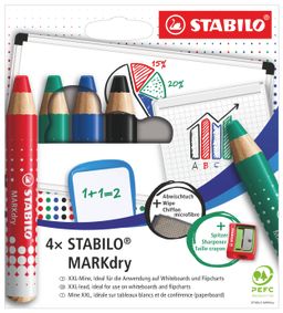 Obrázek produktu: STABILO MARKdry Suchý popisovač na bíle tabule - sada 4 barev s ořezávátkem a utěrkou