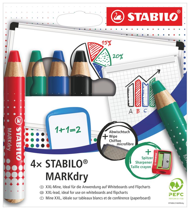 Suchý popisovač na bílé tabule STABILO MARKdry - kulatý hrot, sada 4 barev, s ořezávátkem a hadříkem