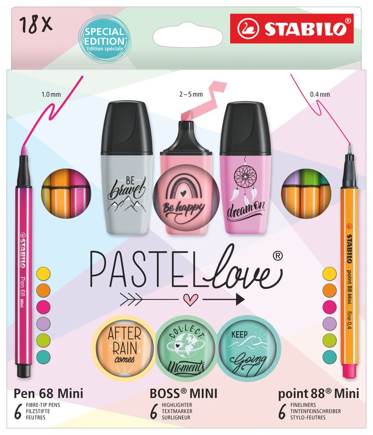 Dárková sada STABILO Pastellove - sada 18 ks - linery, vláknové fixy a zvýrazňovače