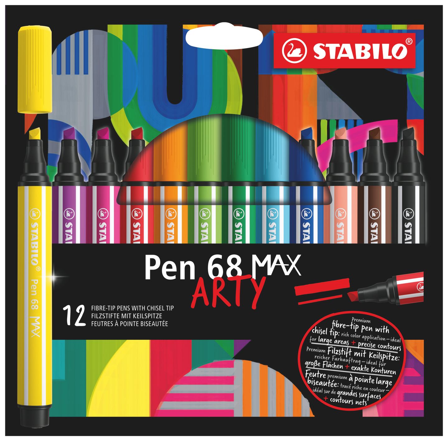 STABILO Pen 68 MAX Vláknový fix s klínovým hrotem - sada 12 barev ARTY
