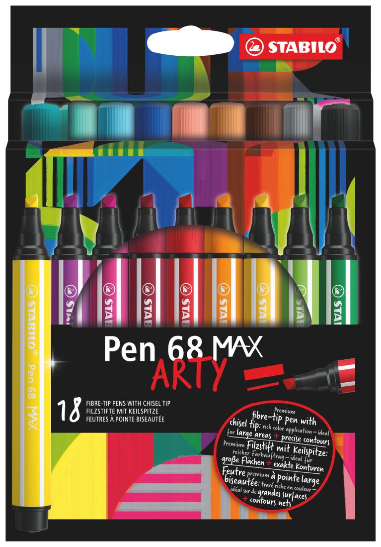Prémiová vláknová fixka s hrubým klinovým hrotom - STABILO Pen 68 MAX - ARTY - 18 ks sada