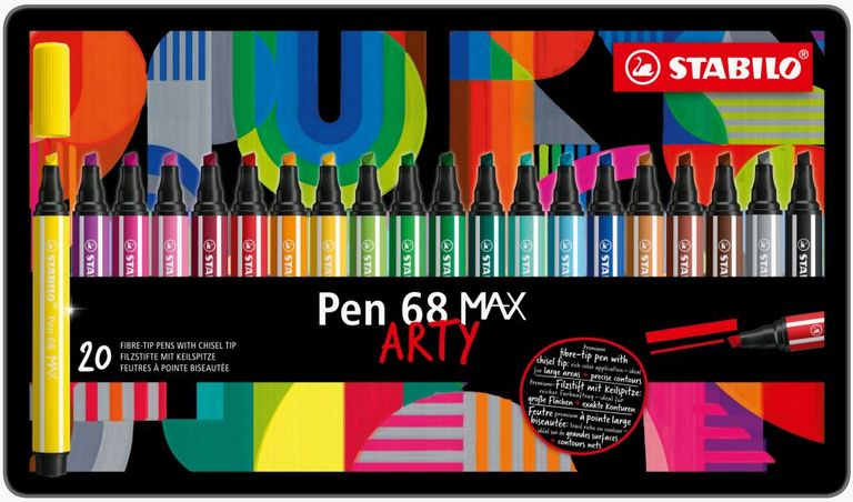 Prémiová vláknová fixka s hrubým klinovým hrotom - STABILO Pen 68 MAX - ARTY - 20 ks sada v plechu