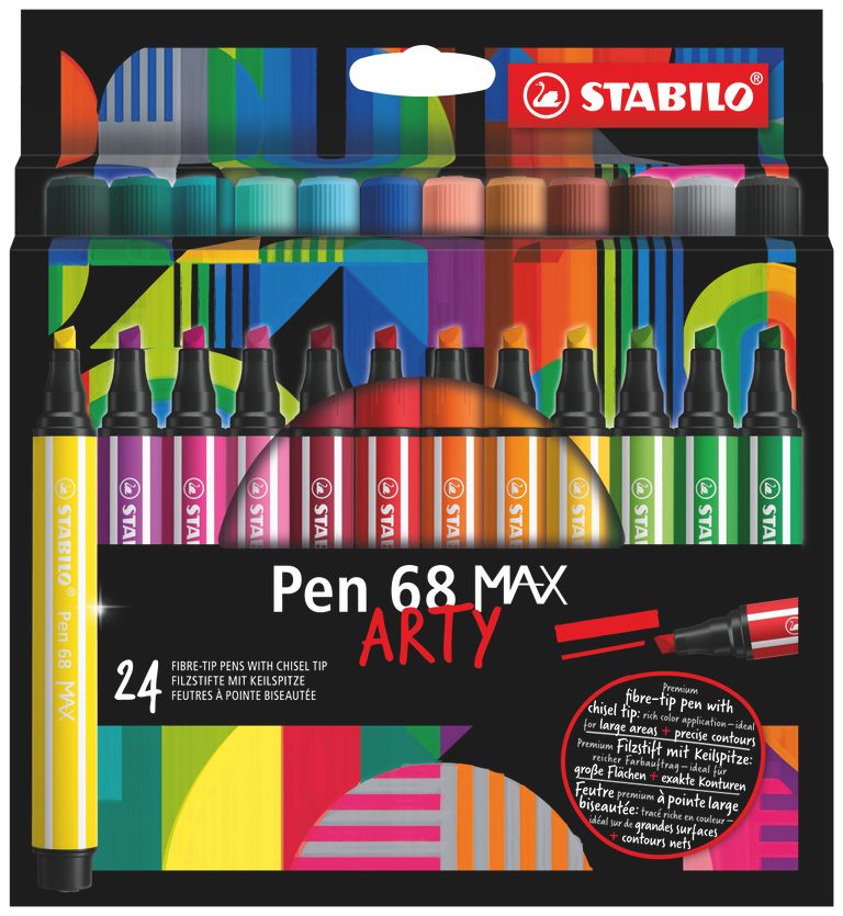 Prémiová vláknová fixka s hrubým klinovým hrotom - STABILO Pen 68 MAX - ARTY - 24 ks sada