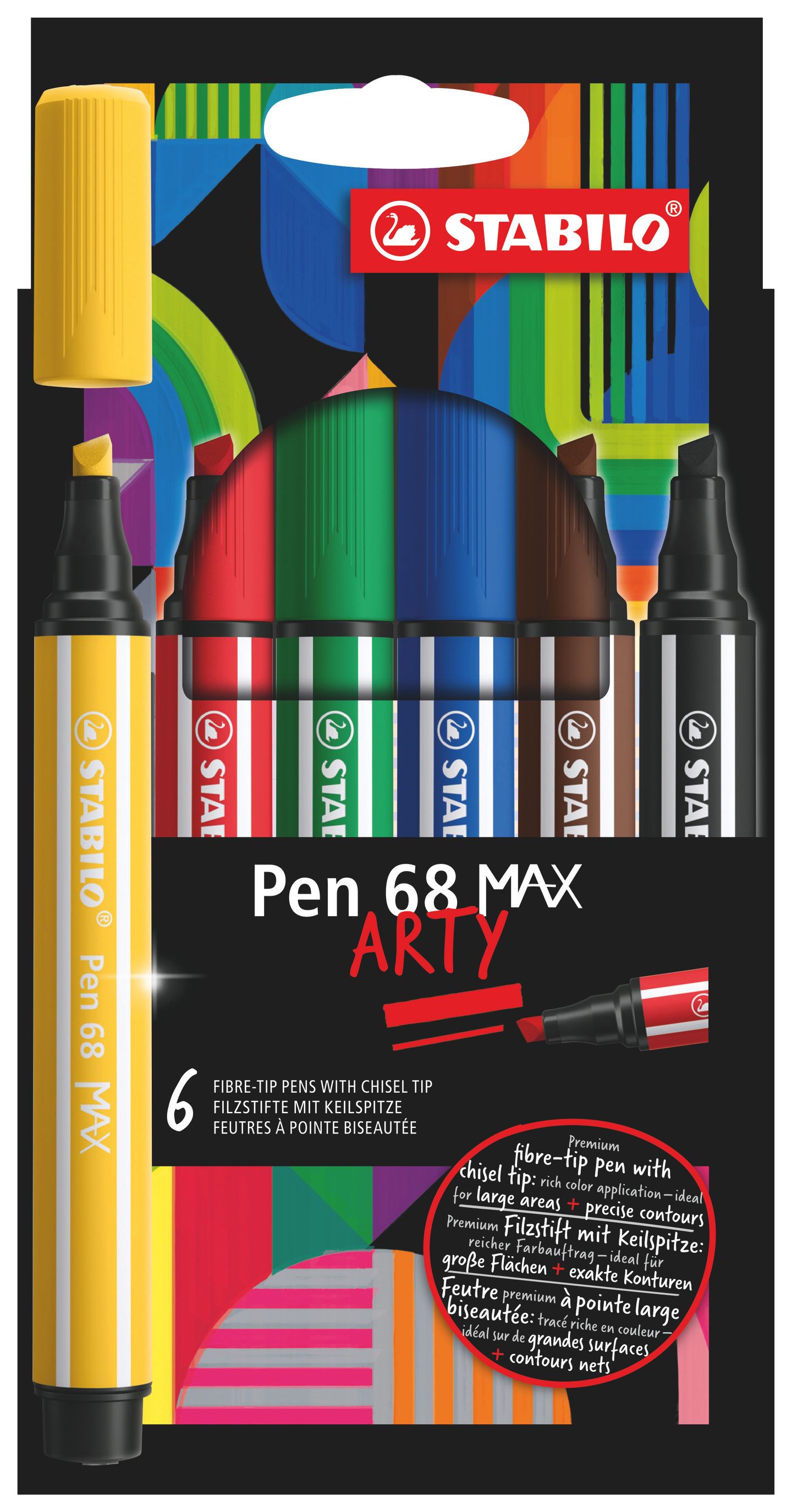 STABILO Pen 68 MAX Vláknový fix s klínovým hrotem - sada 6 barev ARTY