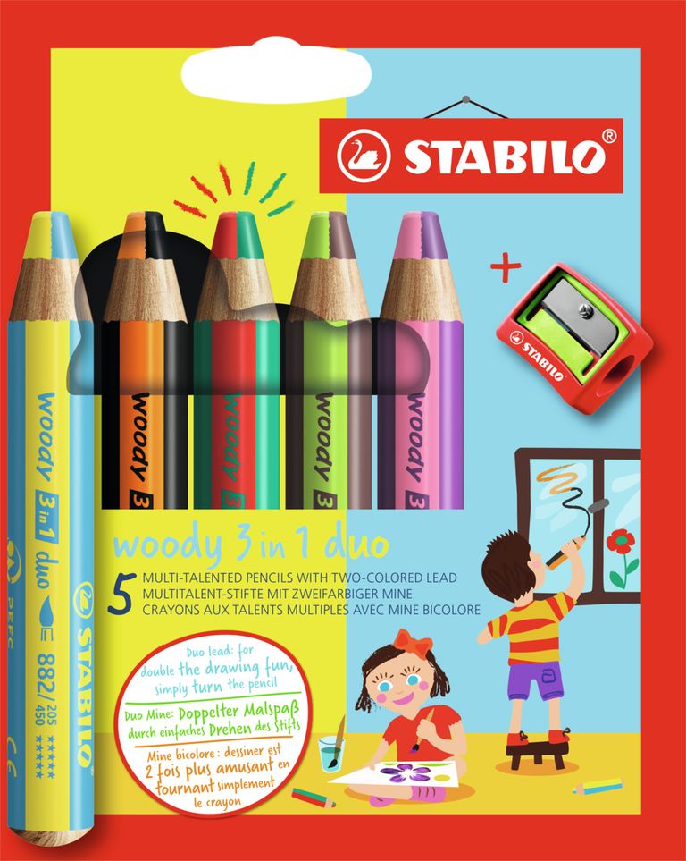 Pastelka, vodovka & voskovka v jednom STABILO woody 3 in 1 duo 5 ks sada s ořezávátkem