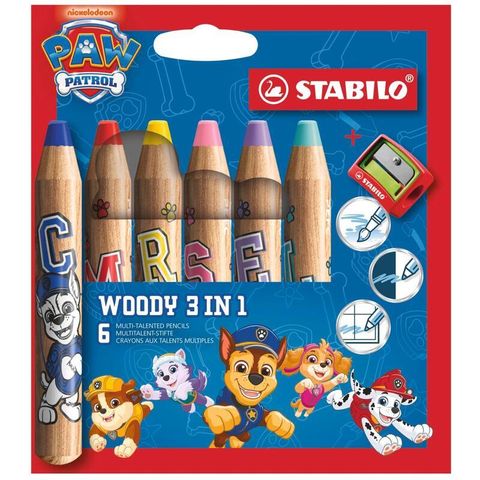 Obrázek produktu: STABILO woody 3 in 1 Multifunkční pastelka - 6 barev s ořezávátkem Tlapková patrola
