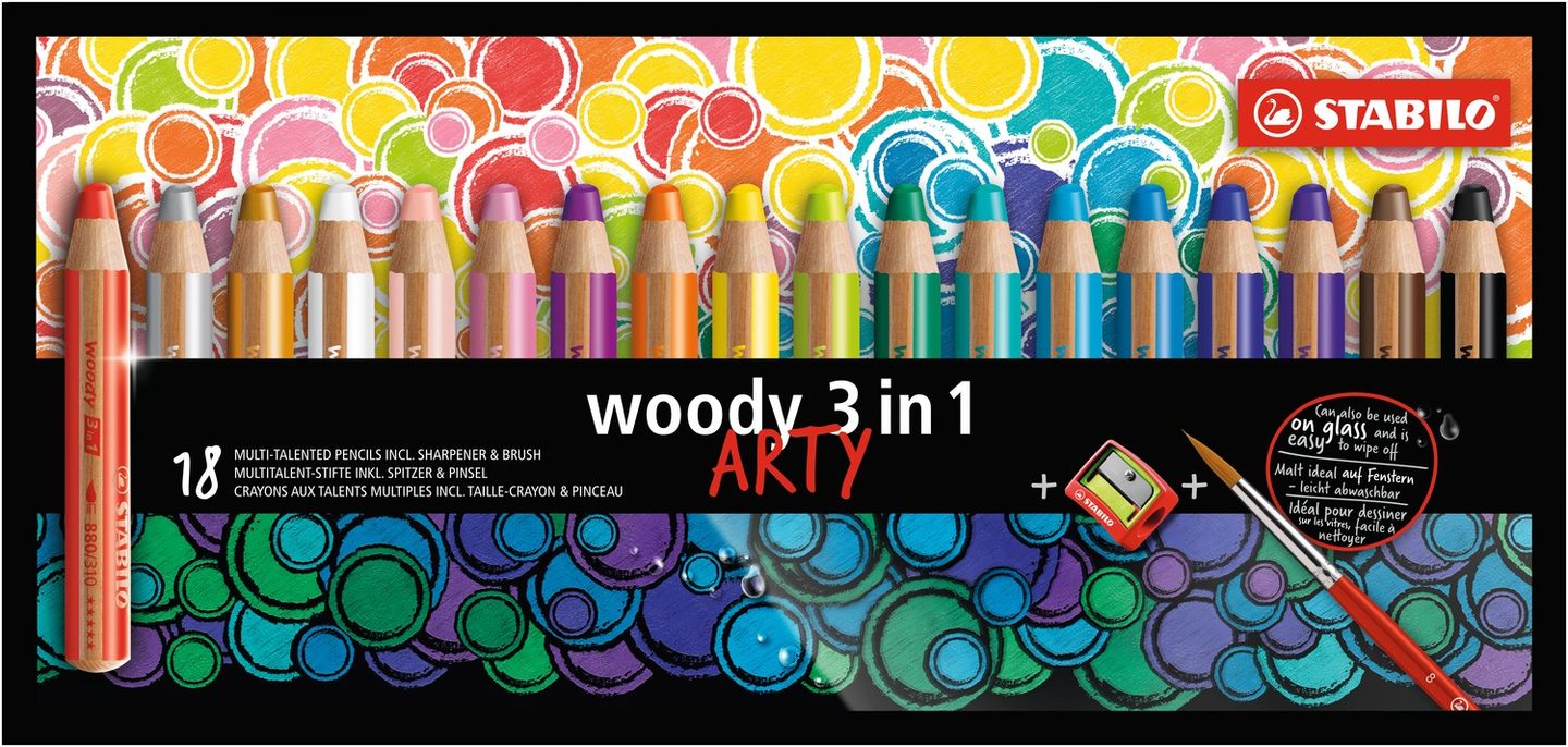 STABILO woody 3 in 1 Multifunkční pastelka ARTY - sada 18 barev s ořezávátkem