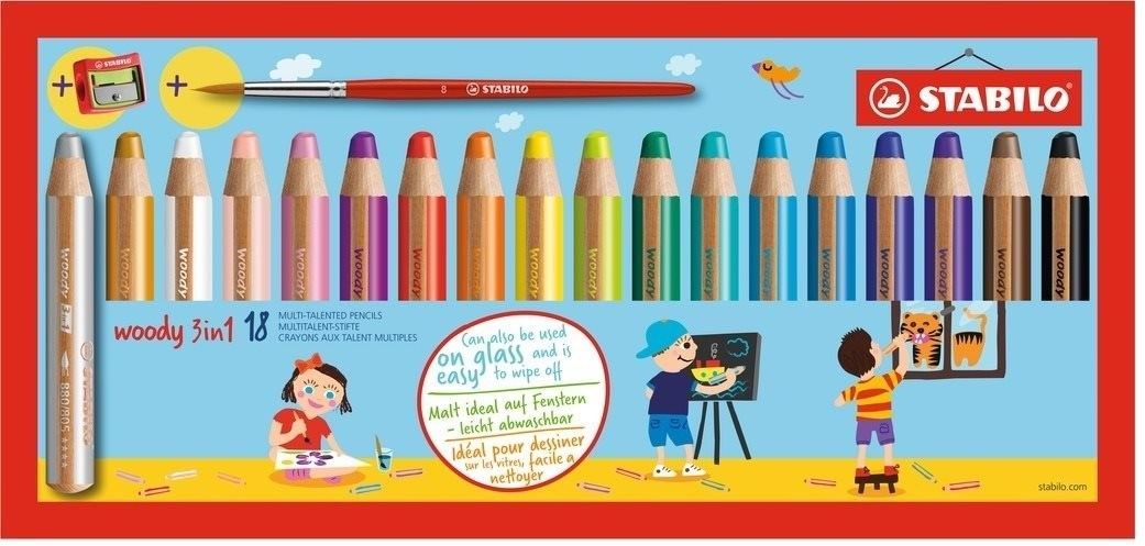 STABILO woody 3 in 1 Multifunkční pastelka - sada 18 barev + ořezávátko + štětec