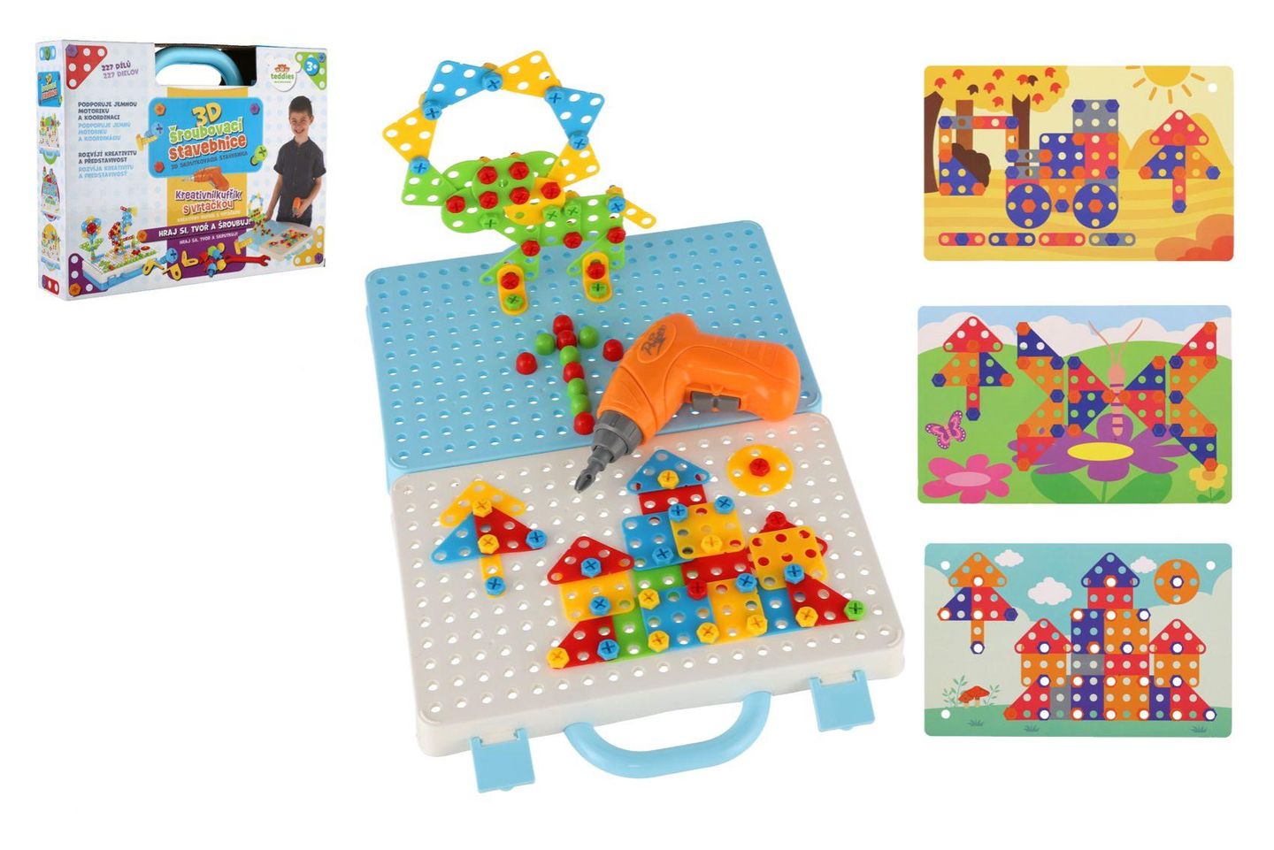 Stavebnice 3D šroubovací plast kreativní kufřík s vrtačkou na baterie se šablonami