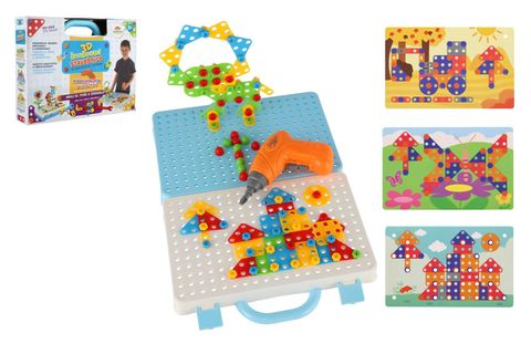 Obrázek produktu: Stavebnice 3D šroubovací plast kreativní kufřík s vrtačkou na baterie se šablonami