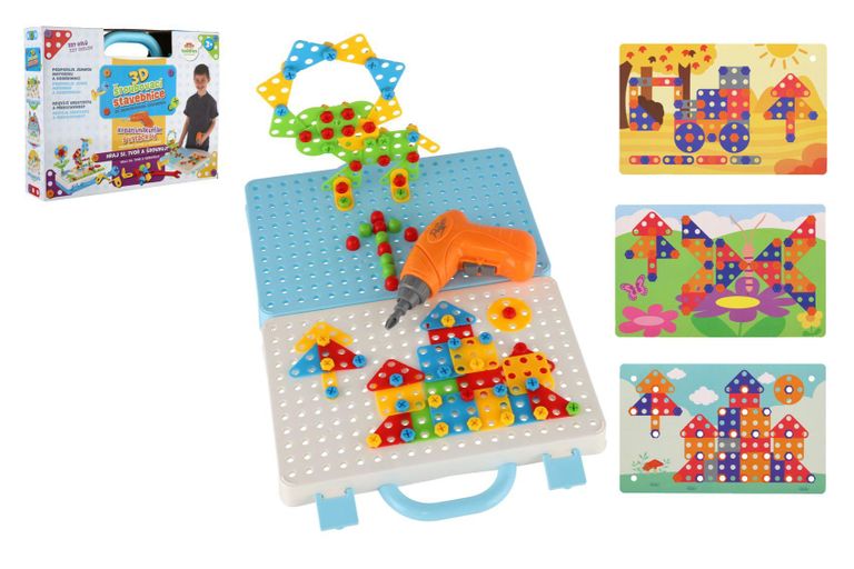 Stavebnice 3D šroubovací plast kreativní kufřík s vrtačkou na baterie se šablonami
