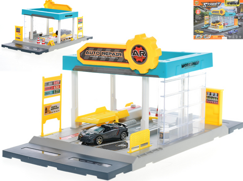 Obrázek produktu: Stavebnice autoservis 34 x 17 cm 24 ks s autem 7 cm kov volný chod s doplňky