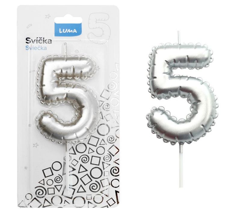 Svíčka č. 5 balónek STŘÍBRNÝ LUMA LUMA trading s.r.o.